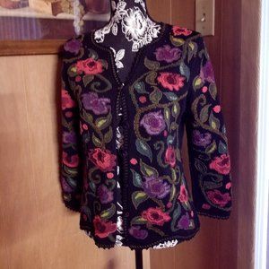 Peruvian Connection Art-to-Wear Embroidered Pima Cotton Button Cardigan